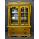 CONTINENTAL OAK EFFECT DISPLAY CABINET with lower drawers, 148cms overall H, 102cms W, 41cms D