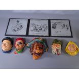 FIVE BOSSONS ORNAMENTAL WALL HEAD ORNAMENTS and three printed mirror place mats with scenes from