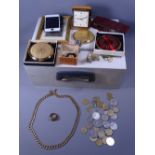 MIXED QUANTITY OF JEWELLERY, COINS & COLLECTABLES in a lidded wooden box including a large link