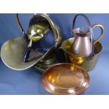BRASS & COPPERWARE - a brass helmet coal scuttle and shovel, copper warming pan and a copper beer
