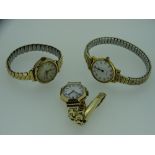 TWO 9CT GOLD CASED LADY'S WRIST WATCHES and one other Rotary gold plated example, all the straps