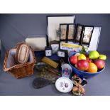 CLOCKS, SUNDRY ITEMS, ARTIFICIAL FRUIT, a mixed box and three books relating to the Old Penrhos