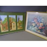 MARGARET KINDER watercolours, a triptych - 'The Old Workshops, Penrhos, Bangor', each section 48 x