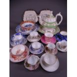 DECORATIVE CUPS & SAUCERS, a good parcel, variety of designs, a circular stoneware plate, a green