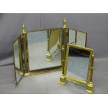 TWO BRASS FRAMED DRESSING MIRRORS including a triple example with Corinthian cap column supports,