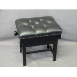 RISE & FALL PIANO STOOL, modern black upholstered and ebonized, 58 x 39cms