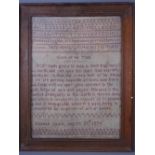 EARLY SAMPLER by Hannah Grant, August 27th, 1834, alphabetical and numerical together with a 10 line