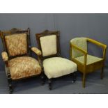 CIRCA 1900 LADY'S & GENT'S CARVED WALNUT SALON ARMCHAIRS with gallery back top rails, 96cms and
