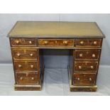 EARLY 20th CENTURY TWIN PEDESTAL KNEEHOLE DESK with tooled brown leather insert, 76cms H, 106cms