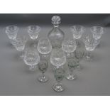 HOBNAIL CUT DECANTER with four large brandy balloons, six sundae dishes and four small thumbnail