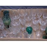 MIXED DRINKING GLASSWARE, a large parcel, including four plain stemmed green wine glasses