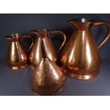 THREE COPPER BEER MEASURES, four gallon, two gallon and one gallon, complete with funnel (