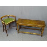 INLAID MAHOGANY CURVED BACK HIGH STOOL and an oak coffee table, 64.5cms H, 50.5cms W, 39cms D the