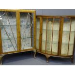 TWO VINTAGE WALNUT CHINA DISPLAY CABINETS, 121.5cms H, 87.5cms W, 29cms D the largest, 111cms H,