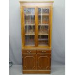 QUALITY REPRODUCTION MAHOGANY BOOKCASE SIDEBOARD having bevel cut upper glazed upper doors and fully