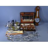 EPNS - a quantity including cased and loose cutlery, a three piece oval teaset and a vintage oak