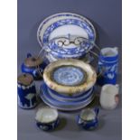 SILVER MOUNTED WEDGWOOD JASPERWARE FOUR PIECE TEASET with other blue and white and decorative