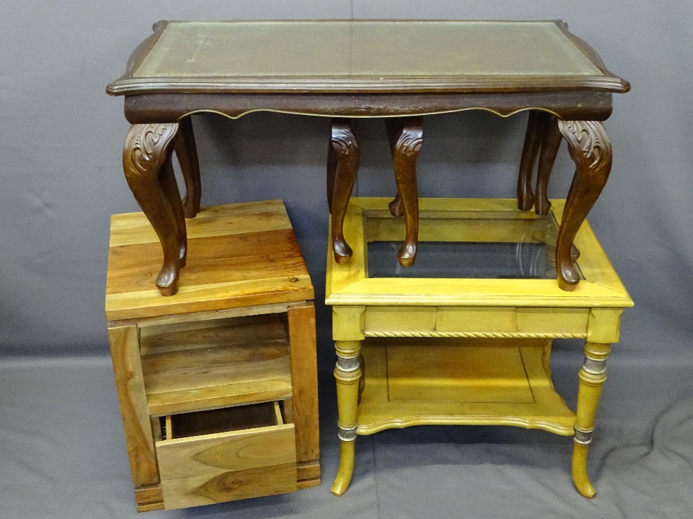 OCCASIONAL TABLES, a mixed quantity including a glass topped coffee table set with tooled leather