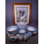 WASHINGTON POTTERY PART DINNER & TEA SERVICE, 40 plus pieces, Blue Riband along with a framed