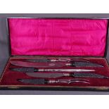 GOOD CASED FIVE PIECE MEAT CARVING SET all with brown bone handles