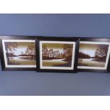 SET OF THREE SEPIA STYLE PRINTS - river/lake scenes, unattributed, 20 x 25cms