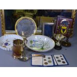 MIXED GROUP OF EPNS & CHINA COLLECTABLES with a gilt framed wall mirror to include a hallmarked
