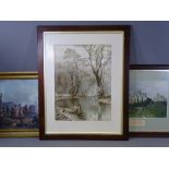 E J DUTTON? watercolour - treescape and lake with watching heron, signed and entitled 'Solitude', 48