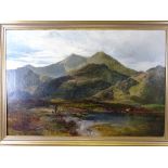 A W WILLIAMS oil on canvas - atmospheric, probably Welsh mountainscape with two figures and a dog