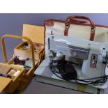 VINTAGE SINGER ELECTRIC SEWING MACHINE with foot pedal and a cantilever sewing box and contents E/T