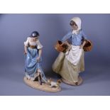 TWO NAO PORCELAIN LARGE FIGURINES, matt finish glazes to young girl carrying two baskets, dated