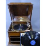 OAK CASED COLUMBIA WIND-UP GRAMOPHONE with a small quantity of records