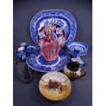 MIXED CHINA & POTTERY - an oval Willow platter and Willow and other blue dishes, a circular Imari