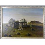 PHILLIP JONES oil on board - ruined mountain cottage with sheep, signed, 64 x 89cms