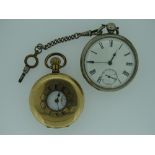TWO VINTAGE POCKET WATCHES including a gold plated Half Hunter and a white metal cased, open faced
