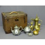 VINTAGE PEWTER & BRASSWARE along with a vintage travel trunk initialled 'W F T', 36cms H, 46.5cms W,
