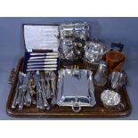 EPNS WARE - a mixed selection including cased and loose cutlery on a two-handled oak tray