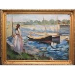 IMPRESSIONIST STYLE ACRYLIC ON BOARD - young woman and child on a riverbank looking at boats in a