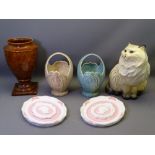 BESWICK BASKETS, a pair, with palm tree decoration (AF), 27cms H, a plaster cat figure, plaster