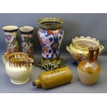 IMARI POTTERY & BRASS LAMP BASE, a pair of Satsuma chimney vases with a selection of English pottery