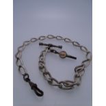 SILVER OPEN LINK ALBERT WATCH CHAIN, elongated links with base metal T-bar, loop and watch key, 1