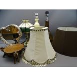 THREE DECORATIVE TABLE LAMPS, a silvered standing mirror and a carved wooden bowl on elephant feet