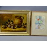 OIL ON BOARD - still life study of fruit near a stoneware jug, indistinctly signed lower left, 23.