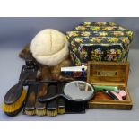 VINTAGE HAT BOX with fur hat and stole contents along with ebony dressing table items and brushes,