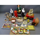 MIXED COLLECTABLES, a quantity including a locking cash box, Capodimonte type and other figurines,