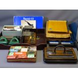 VINTAGE & LATER OFFICE GOODS & EQUIPMENT including an oak and brass set of postal scales, two modern