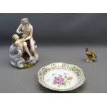 MEISSEN FIGURE GROUP, 27cms H (AF), a small Meissen Goldfinch and a decorative plate, 23cms D