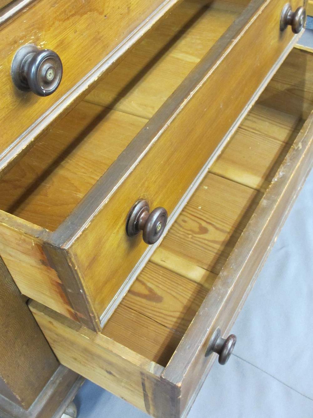 VICTORIAN SCUMBLED PINE CHEST OF MULTIPLE DRAWERS ON CASTORS, 137cms H, 115cms W, 54cms D - Image 3 of 3