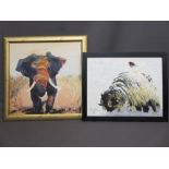 JOHN ROSS oils on canvas - a charging elephant, 49 x 49cms and a snow covered ram, 39 x 50cms