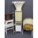 VINTAGE PAINTED STOOLS, Lloyd Loom type furniture and a reproduction brass standard lamp and