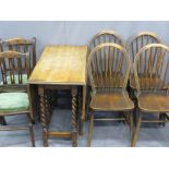 OAK BARLEY TWIST GATE LEG DINING TABLE, four Ercol stickback chairs and two Edwardian side chairs